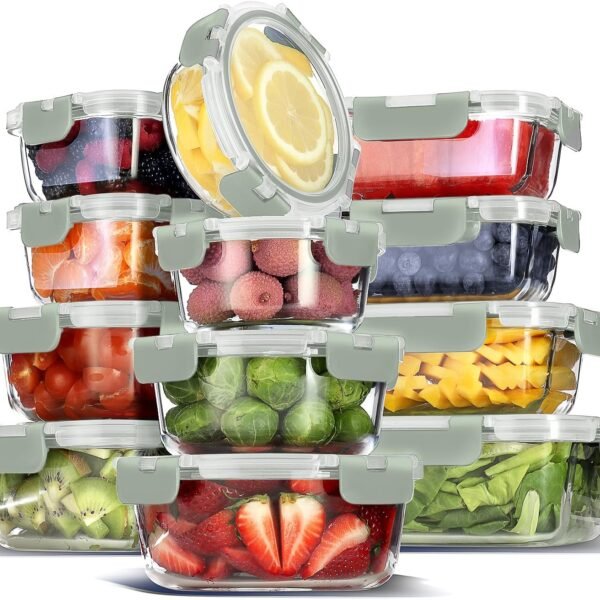 24-Piece glass storage container set with lids—12 glass containers + 12 airtight lids; suitable for pantry and kitchen use