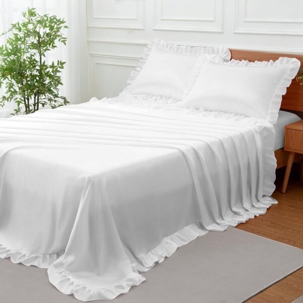 4-Piece Ruffled Satin Sheet Set (Queen Size) — Pure White Satin Bedding with a Silky-Soft Touch; Includes 16-inch Deep Pocket Fitted Sheet, Ruffled Flat Sheet, and 2 Ruffled Pillowcases (20x30 inches)