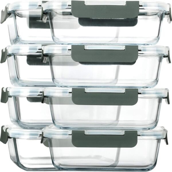 8-Piece Set: 30 oz (approx. 887 ml) Glass Food Storage Containers with Lids (Grey)