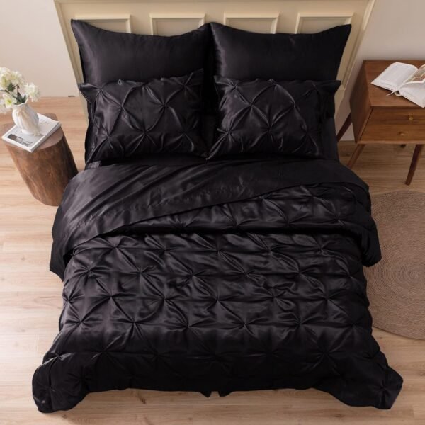 Satin Comforter/Duvet Insert (Queen Size) & Deluxe Pintuck Bedding Set — Includes Comforter, Flat Sheet, Fitted Sheet, Pillowcases, and Decorative Shams; Silky-Smooth and Soft to the Touch, Suitable for All Seasons (Queen Size, Black)