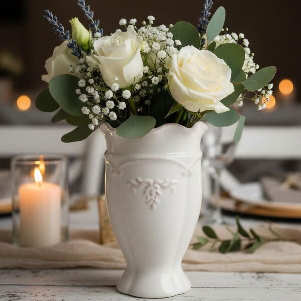 White Ceramic Vase- French Flower Vase for Decor Small Vintage Vases for Flowers/Home Decoration/Kitchen/Table/Living Room/Shelf/Mantel/Office-Height-6.8"