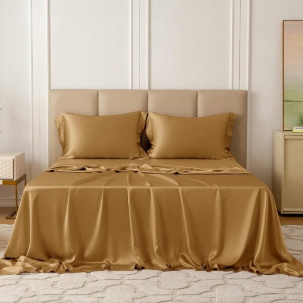 Mulberry Silk Sheet Set (4-Piece Set) — 100% Premium Natural Mulberry Silk Bedding; Luxurious and Durable; Includes Fitted Sheet, Flat Sheet, and 2 Decorative Shams (King Size, Metallic Gold)