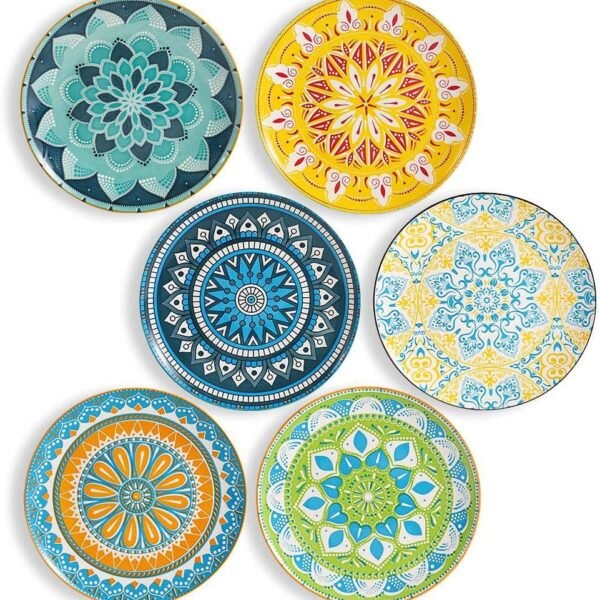 Dinner Plates Ceramic Plate Set - 10 Inch Large Porcelain Round Plate Sets of 6 - Flat Colorful Pattern Dining Plates for Kitchen | Family - Dishwasher | Microwave | Oven Safe