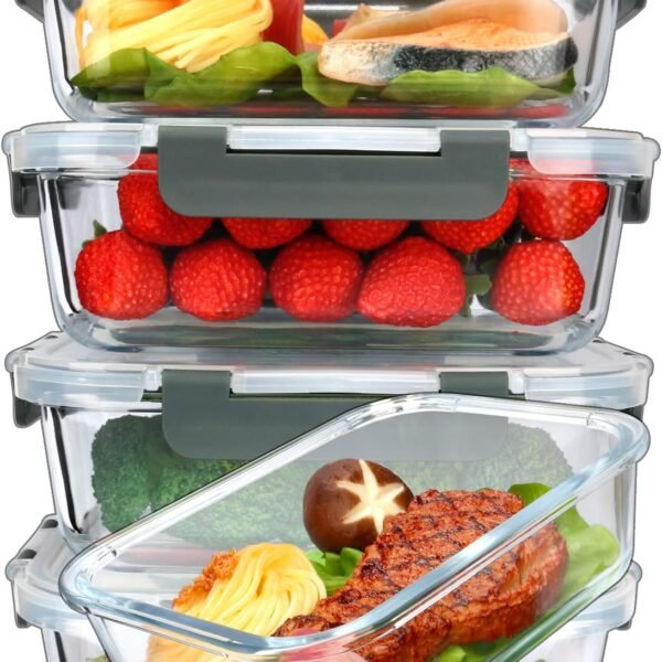 5-Piece Set: 36 oz (approx. 1065 ml) Glass Food Storage Containers with Lids (4.5-Cup Capacity, Grey)