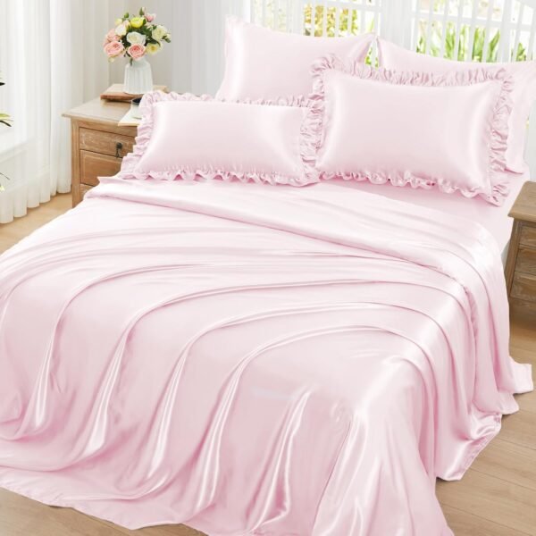 Ruffled Satin Sheet Set (6-Piece) — Full Size — Soft pink bedding set including a 15-inch deep-pocket fitted sheet, a flat sheet, 2 ruffled decorative pillowcases, and 2 standard pillowcases; rivals the texture of real silk.