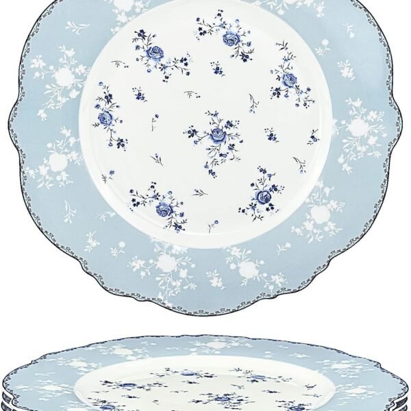 10 Inch Porcelain Dinner Plates Set of 4, Lace Dishes Set for Salad, Pasta, Soup, Dessert, Blue Roses