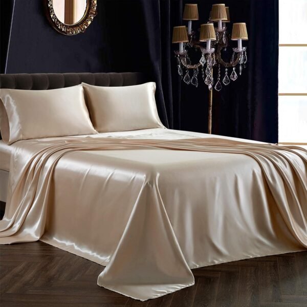 Satin Sheet Set (4-Piece) — Exquisitely silky-smooth beige bedding featuring a deep-pocket design; includes 1 fitted sheet, 1 flat sheet, and 2 envelope-style pillowcases.
