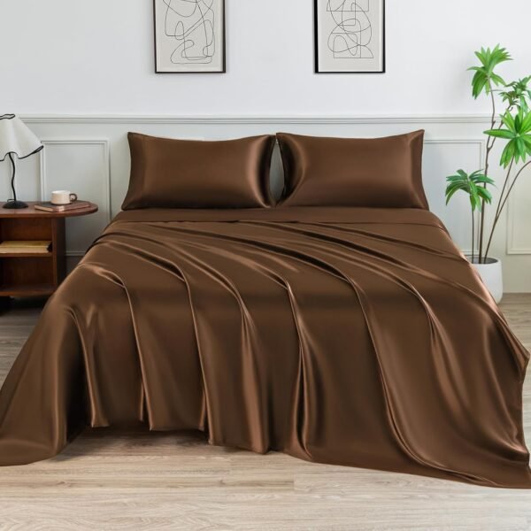 Satin Sheet Set (4-Piece) — Queen Size Size) — Silk-like Texture, Luxurious Satin Bedding Set featuring 15-inch Deep Pocket Fitted Sheet Design (Queen Size, Brown)
