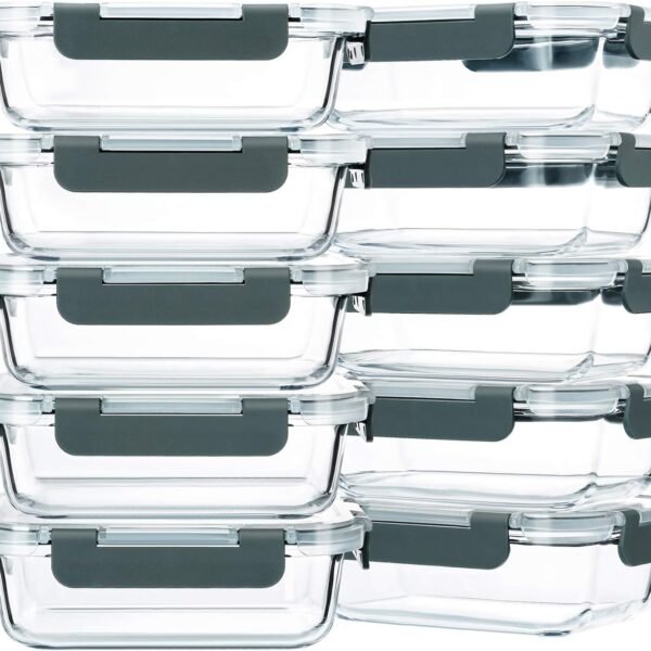 10-Piece Set: 22 oz (approx. 650 ml) Glass Food Storage Containers with Lids (Grey)