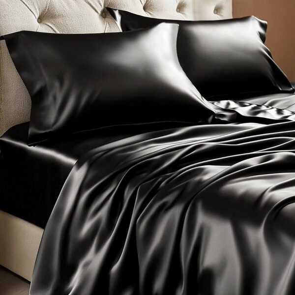 Satin Sheet Set (4-Piece) — Luxurious, silky-smooth black bedding that pampers your hair and skin, rivaling the feel of real silk; includes 1 deep-pocket fitted sheet, 1 flat sheet, and 2 pillowcases.