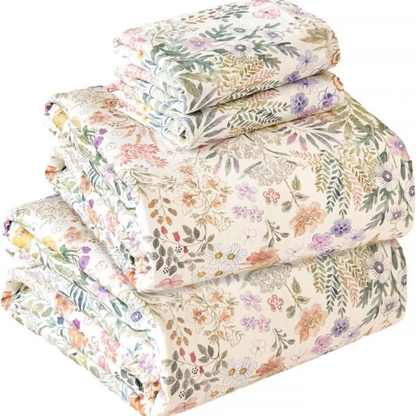 Floral Sheet Set: 100% Pure Cotton, 600-Thread Count High-Density Sateen Weave; Green Botanical Leaf Print; Soft and Breathable (Ideal for Hot Sleepers); Luxurious Vintage Watercolor Floral Bedding; 17.5-Inch Deep Pocket Fit