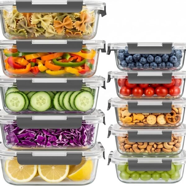 10-Set Combo: 36 oz & 12 oz Glass Food Storage Containers with Lids (Grey)