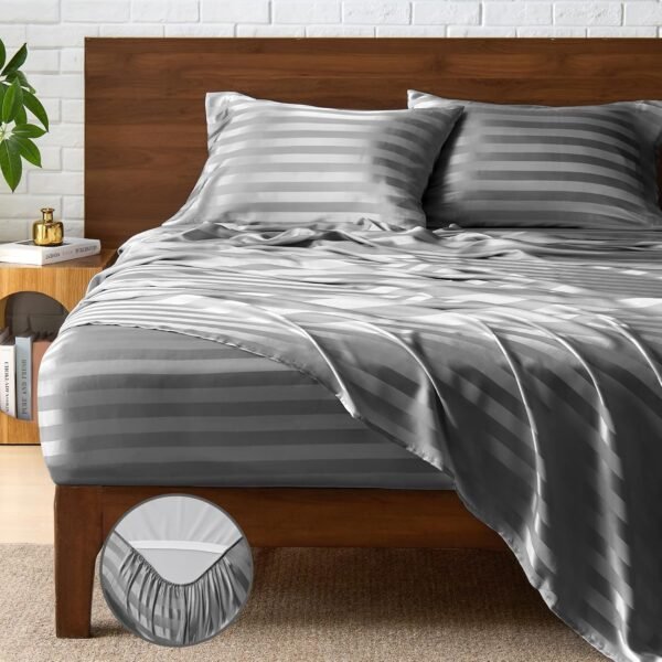 Satin Sheet Set (4-Piece) — Luxurious, deep-gray bedding with a Jacquard stripe pattern, featuring elastic corner straps for a secure fit; rivals the texture of real silk; includes 1 deep-pocket fitted sheet, 1 flat sheet, and 2 pillowcases.