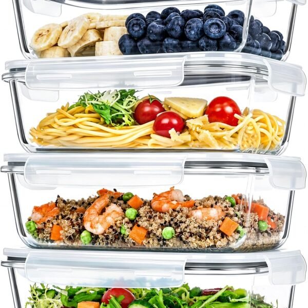 4-Piece Set: 52 oz (approx. 1540 ml) Glass Food Storage Containers with Lids – Large Capacity, Airtight & Leak-Proof, Microwave & Oven Safe
