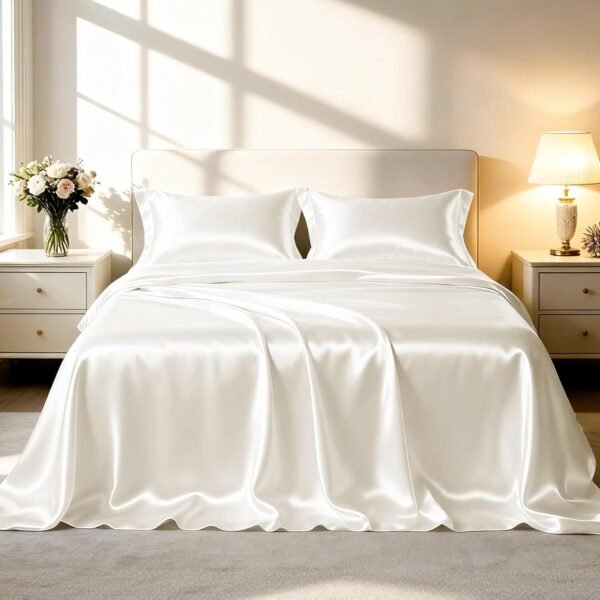 Satin Sheet Set (Queen Size) — 4-Piece Ivory White Silky Bedding Set featuring a Deep Pocket Fitted Sheet; Experience the Luxurious Feel of Real Silk (Includes Flat Sheet, Fitted Sheet, and 2 Pillowcases)