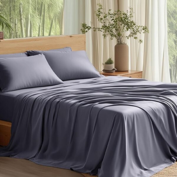 Sheet Set (4-Piece) — Cooling and breathable bedding designed specifically for Queen-size beds; made from silky-smooth bamboo rayon fiber; features a deep-pocket design (fits mattresses up to 16 inches thick); hotel-grade luxury bedding ideal for those who tend to sleep hot (Deep Gray).