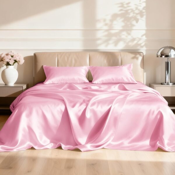 Satin Sheet Set (4-Piece) — Pink, silky-smooth bedding set featuring a deep-pocket design and a luxurious, silk-like touch (includes 1 flat sheet, 1 fitted sheet, and 2 pillowcases).