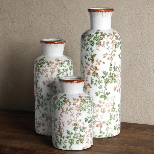 Ceramic Vase Set of 3, Vintage Ceramic Flower Vases, Crackle-Glaze & Distressed Rim, Brown & Green Botanical Pattern, for Home Decor, Living Room Mantel & Dining Table Centerpiece