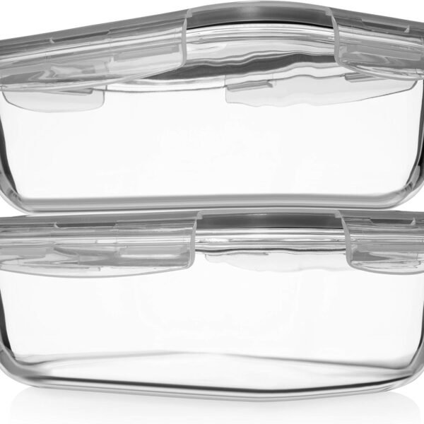 4-Piece large-capacity (8-cup/63 oz.) glass food storage/baking container set—2 containers + 2 locking lids; leak-proof; suitable for storing food, vegetables, or fruit; microwave and oven safe
