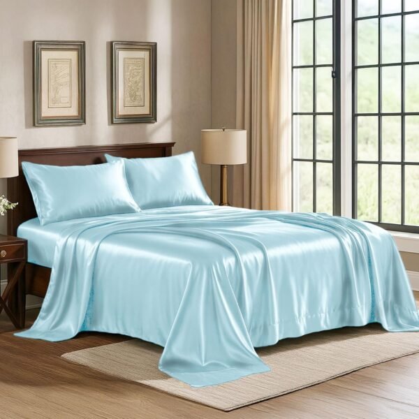Satin Sheet Set (4-Piece) — Hotel-grade, luxurious, silky bedding made from ultra-soft 1800-thread-count microfiber material; wrinkle-resistant, fade-resistant, and stain-resistant; includes a deep-pocket fitted sheet, flat sheet, and pillowcases.