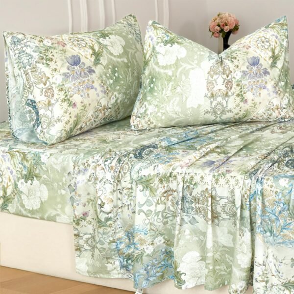 Sheet Set: Luxurious Sage Green Floral Bedding; 100% Pure Cotton Sateen Weave; Soft, Silky, and Breathable (Ideal for Hot Sleepers); American Country-Style Vintage Floral Design; 17.5-Inch Deep Pocket 4-Piece Bedding Set
