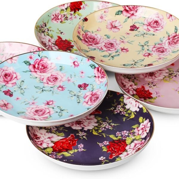 Porcelain Floral Dessert Plates, 8 inch, Set of 6, Deep Plates, Porcelain Bone China, Appetizer Plates, Floral Plates, Salad Plates, Small Plates Set, Small Dishes
