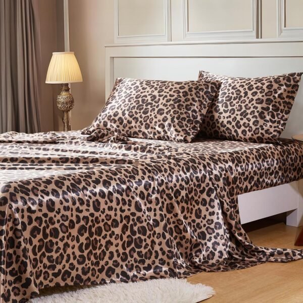 Satin Sheet Set with Elastic Corner Straps | Queen Size 4-Piece Set | Silky Bedding Collection | Fits Mattresses 15 Inches Deep — Queen Size, Brown Leopard Print