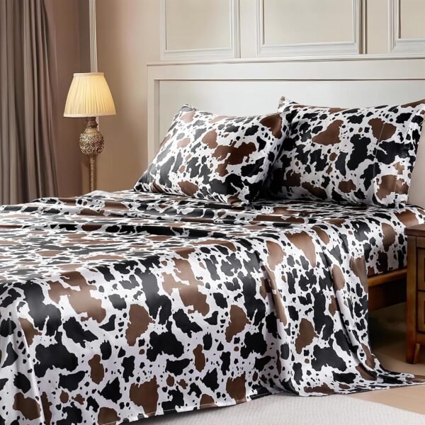 Satin Sheet Set with Elastic Corner Straps | Queen Size 4-Piece Set | Silky Bedding Collection | Fits Mattresses 15 Inches Deep — Queen Size, Cow Print