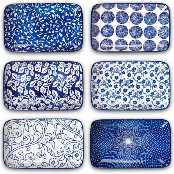 Ceramic 8 inch Rectangular Salad Plates, Dinner Plates, Pasta Dessert Plates for Appetizer, Sushi, Fruit - Microwave/oven/Dishwasher Safe, Set of 6, Vintage Blue