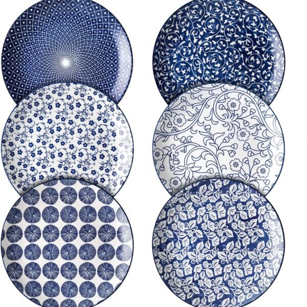 10 inch Porcelain Dinner Plates, Large Size Ceramic Plates for Salad, Pancakes, Scratch Resistant, Microwave, Oven and Dishwasher Safe Plates Set of 6, Vintage Blue
