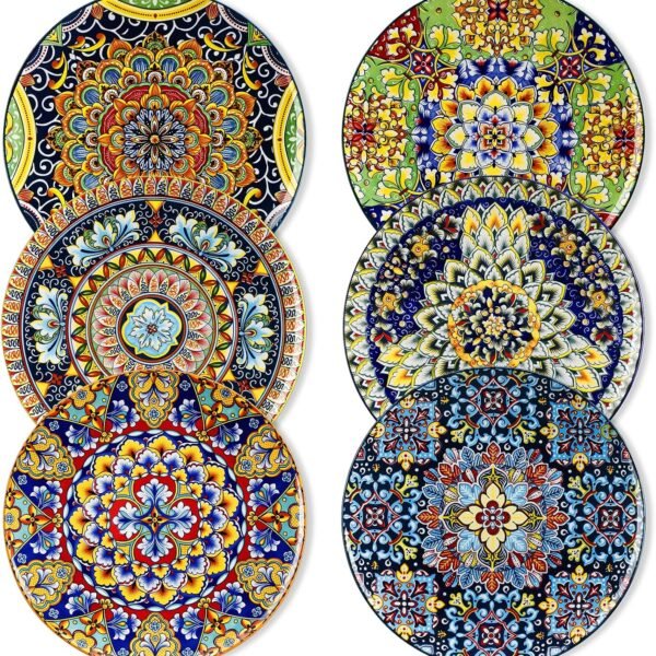 Dinner Plates Set of 6-10.5 Inch Ceramic Plates, Microwave, Oven and Dishwasher Safe, Colorful Bohemian Style Dishes for Kitchen